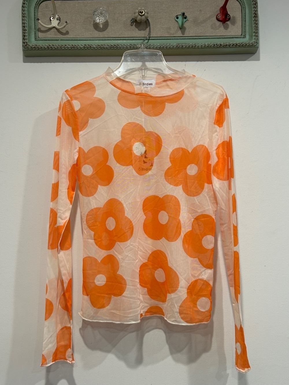 8 Birdies Ditsy Floral retro Bright Orange Mesh Long-Sleeve Top New small